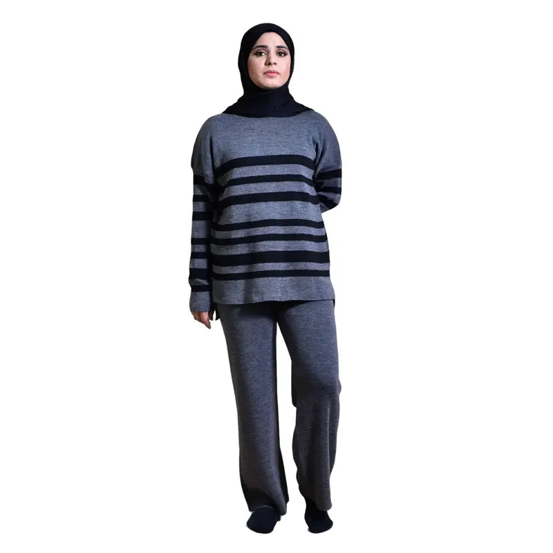 Women Black & Grey Striped Two Piece Co Ord Set