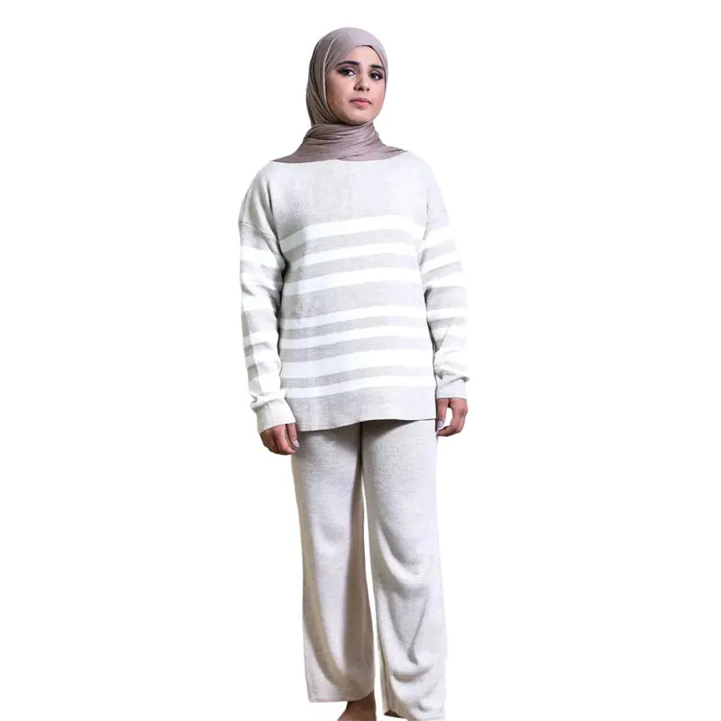 Women White & Grey Striped Two Piece Co Ord Set