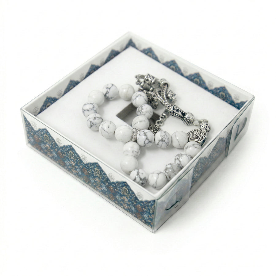 Unisex Bracelet And Tasbih Gift Set Marble White 5628
