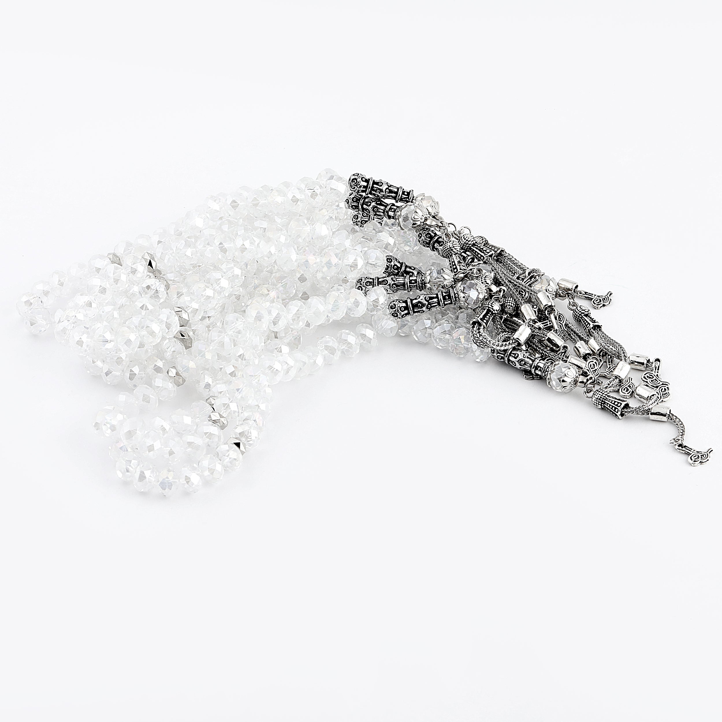 Turksih 33 Bead Crystal Effect Tasbih Clear Silver