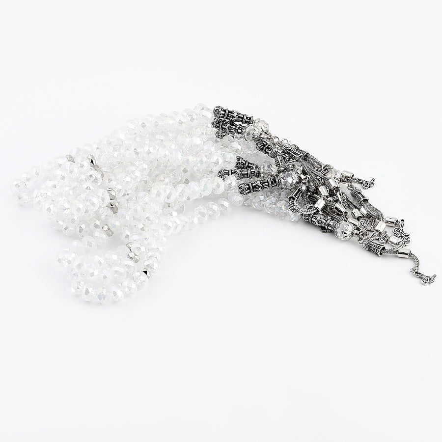 Turksih 33 Bead Crystal Effect Tasbih Clear Silver
