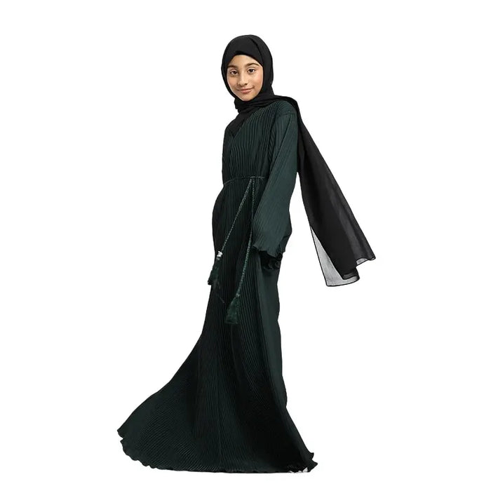 Girls Bottle Green Plicate Abaya