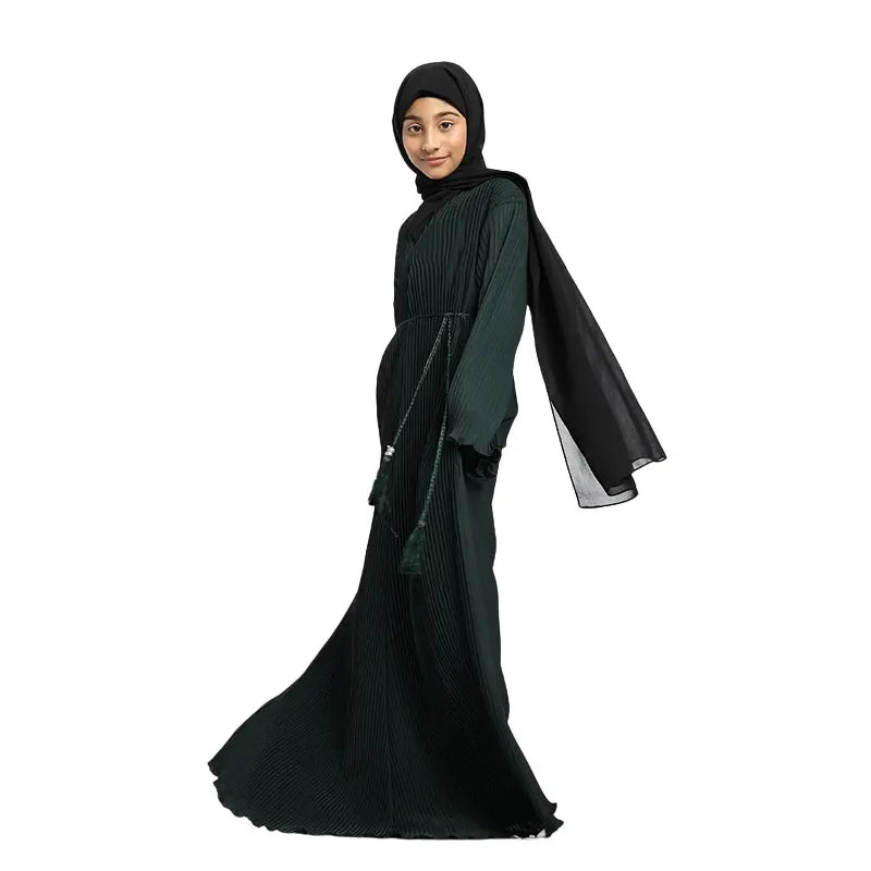 Girls Bottle Green Plicate Abaya