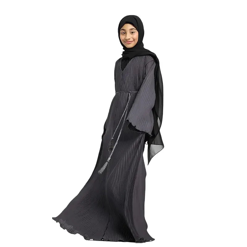 Girls Grey Plicate Abaya