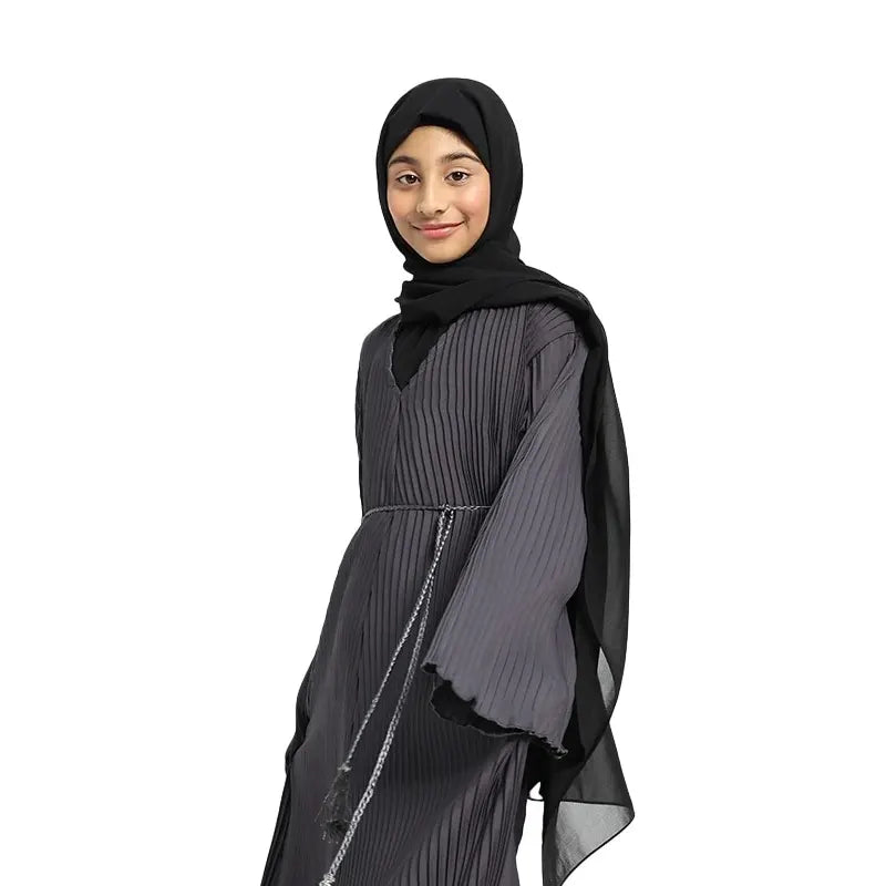 Girls Grey Plicate Abaya