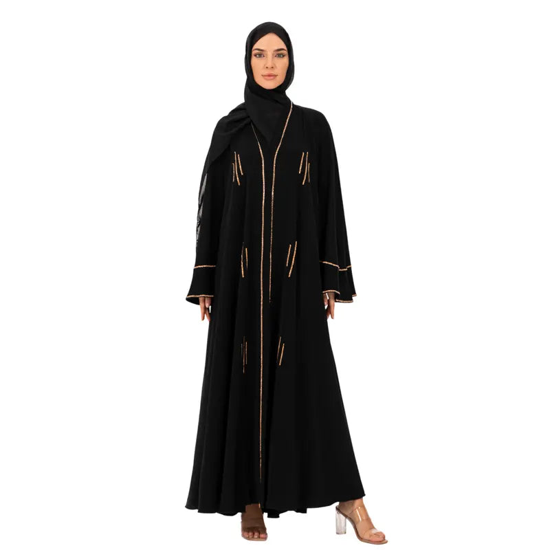 Premium Black With Gold Detailed Button Abaya
