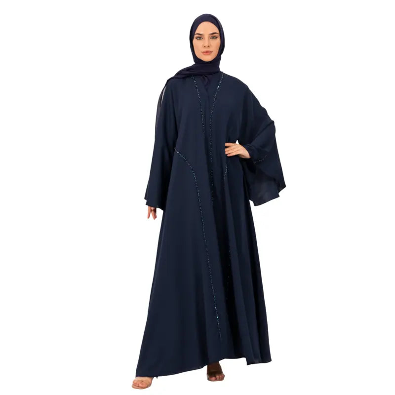 Navy Multi Embellished Umbrella Buttoned Abaya