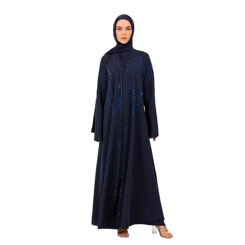 Navy Flared Beaded Sleeve Abaya