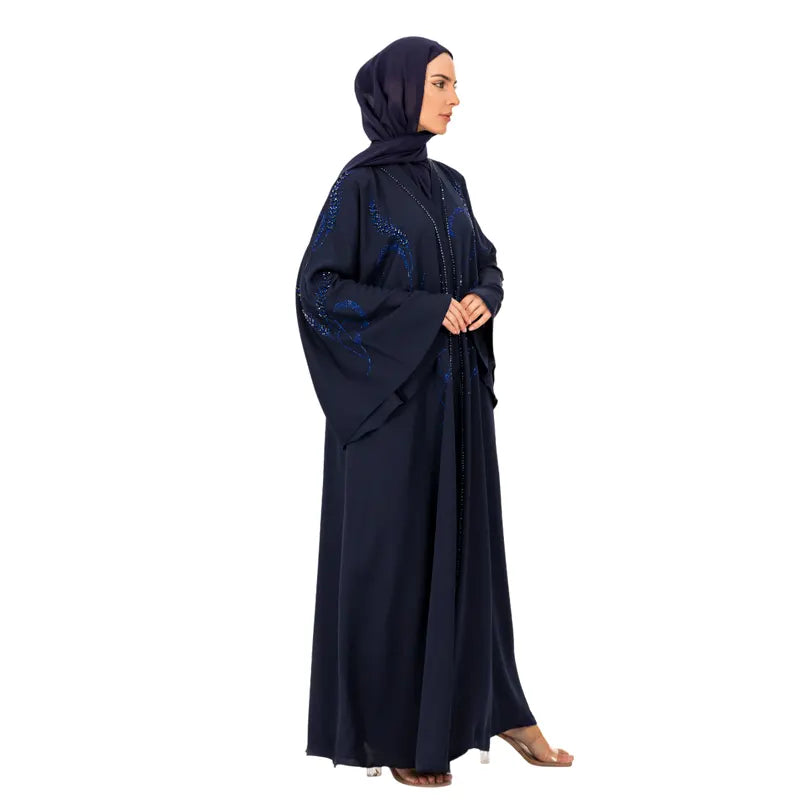 Navy Flared Beaded Sleeve Abaya