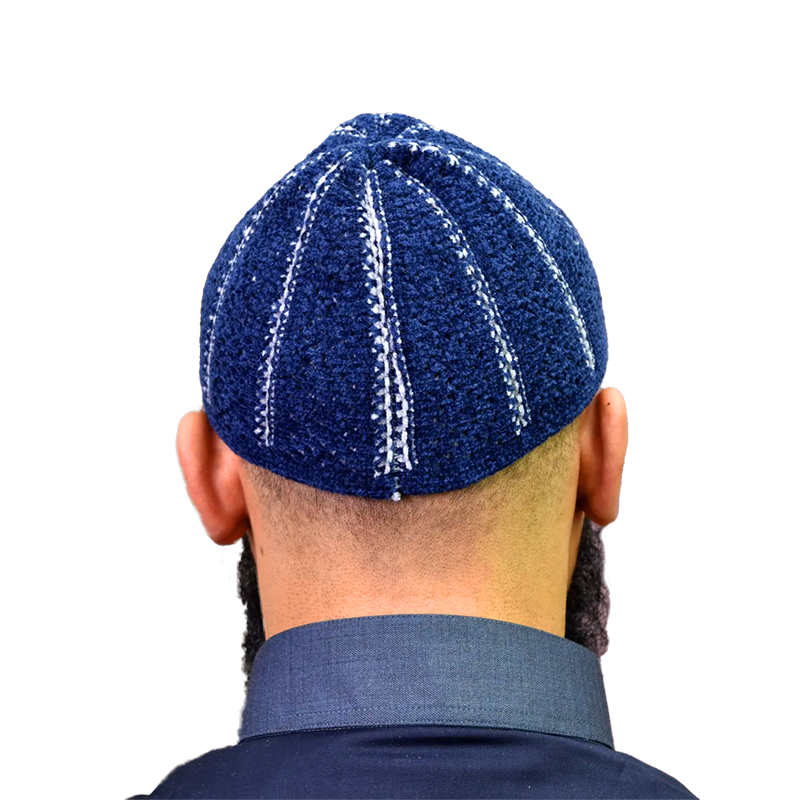 Navy & Grey Lined Prayer Cap for Muslim Men