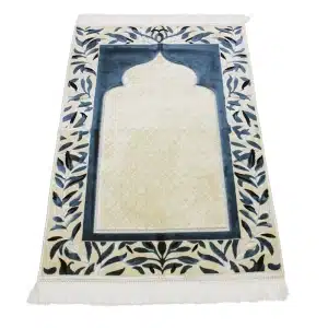 white and blue muslim prayer mat