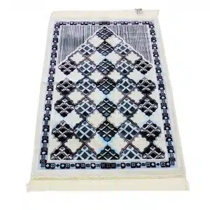 white, black and blue design prayer rug