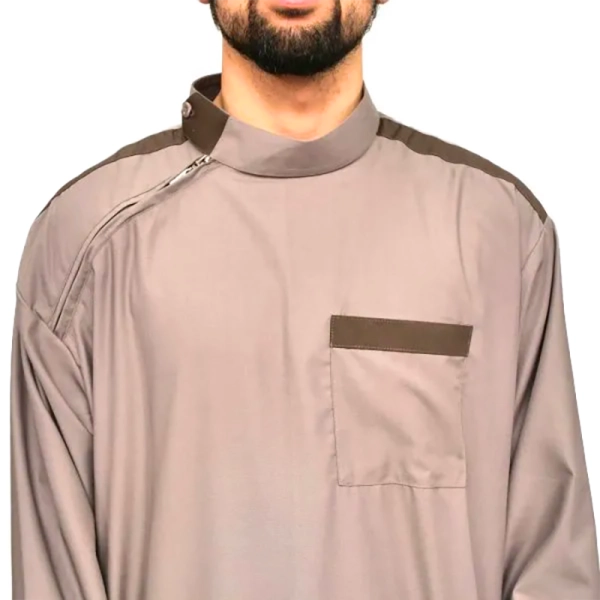 two-tone beige & brown collared men's Islamic thobe