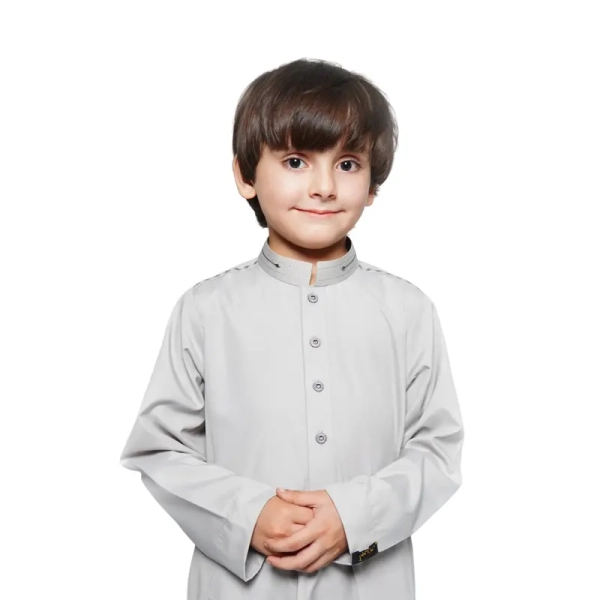 Muslim Kid Detail Collared Light Grey Thobe