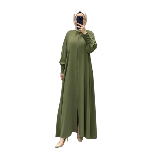 Green Layered Cuff Zip Abaya Dress