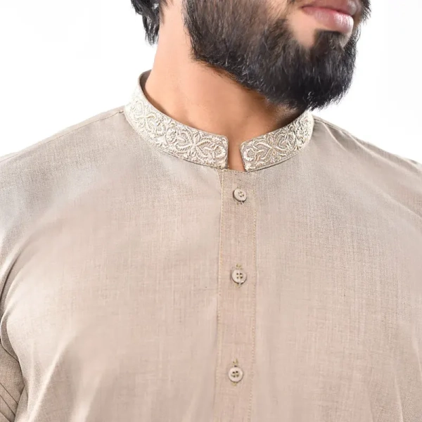 embroidered collar men's beige shalwar kameez