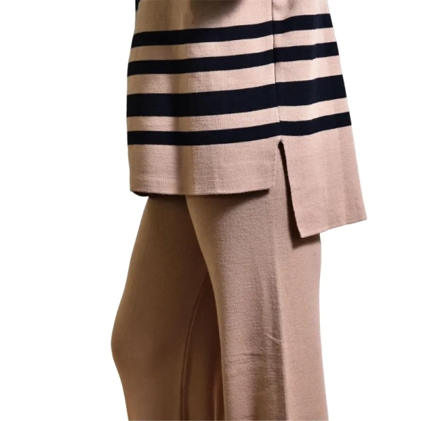 Women Beige & Black Striped Two Piece Co Ord Set