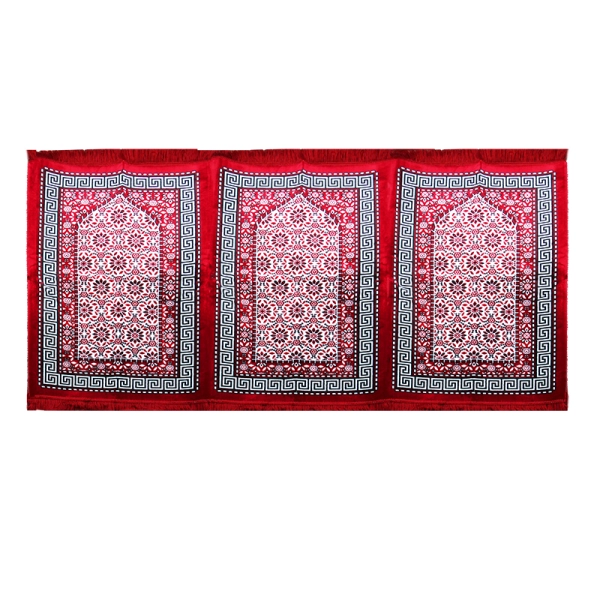 Red & White Bordered Three People Muslim Prayer Mat