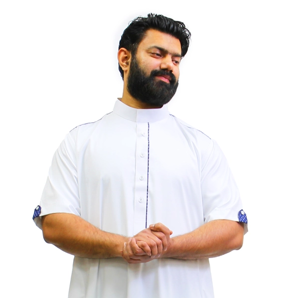 white & blue men's collared Islamic thobe