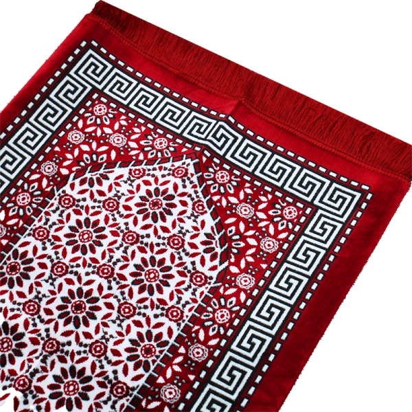 red & white bordered three-person Muslim prayer mat