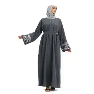 Women’s Floral Pattern Linen Grey Abaya