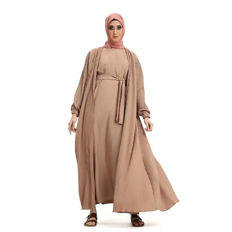 Pleated 2 Piece Nude Chiffon Kimono Set