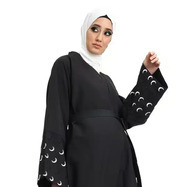 Moon Embroidered Buttoned Black Abaya