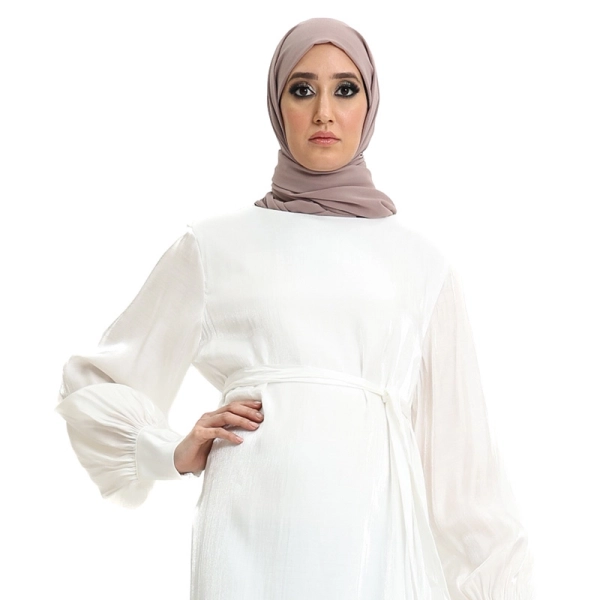 Belted White Muslim Abaya Dress