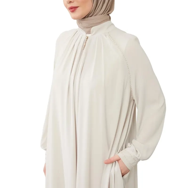 cream Sequence Zipped Abaya