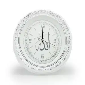 Oval White & Silver Allah Clock (1819) 37 Cm X 32 Cm