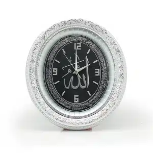 Oval Silver & Black Allah Clock (1817) 37 Cm X 32 Cm